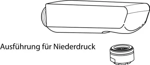 Herausziehbare Handbrause von Ideal Standard in Chrom-Optik. Darunter Schnittdarstellung für Niederdruckausführung.